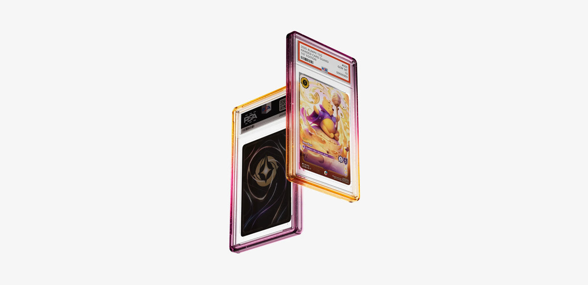 Two Bumpii Aurora slab guards floating at an angle, showing magenta and orange edges with front and back PSA graded cards.