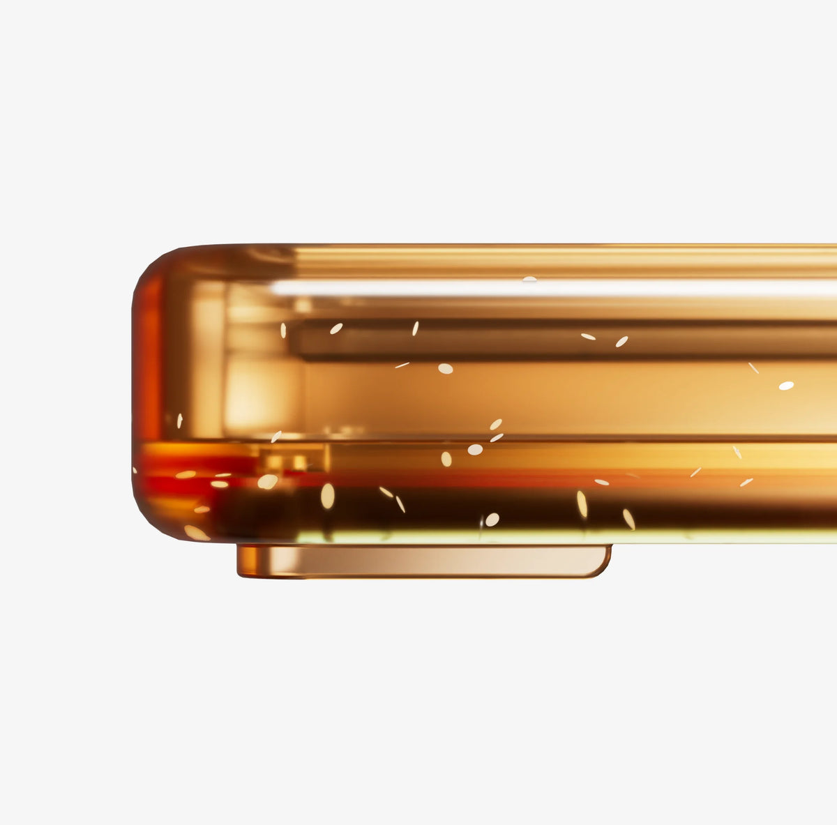 Bumpii Aurora slab protector close-up showing rounded translucent orange corner and side detail.