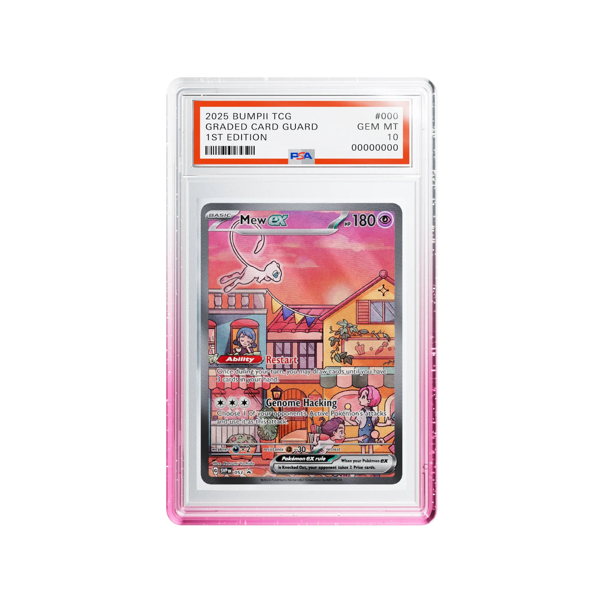 Bumpii Lychee slab guard with pink and clear edges around a Scarlet Violet 151 Mew PSA graded card.