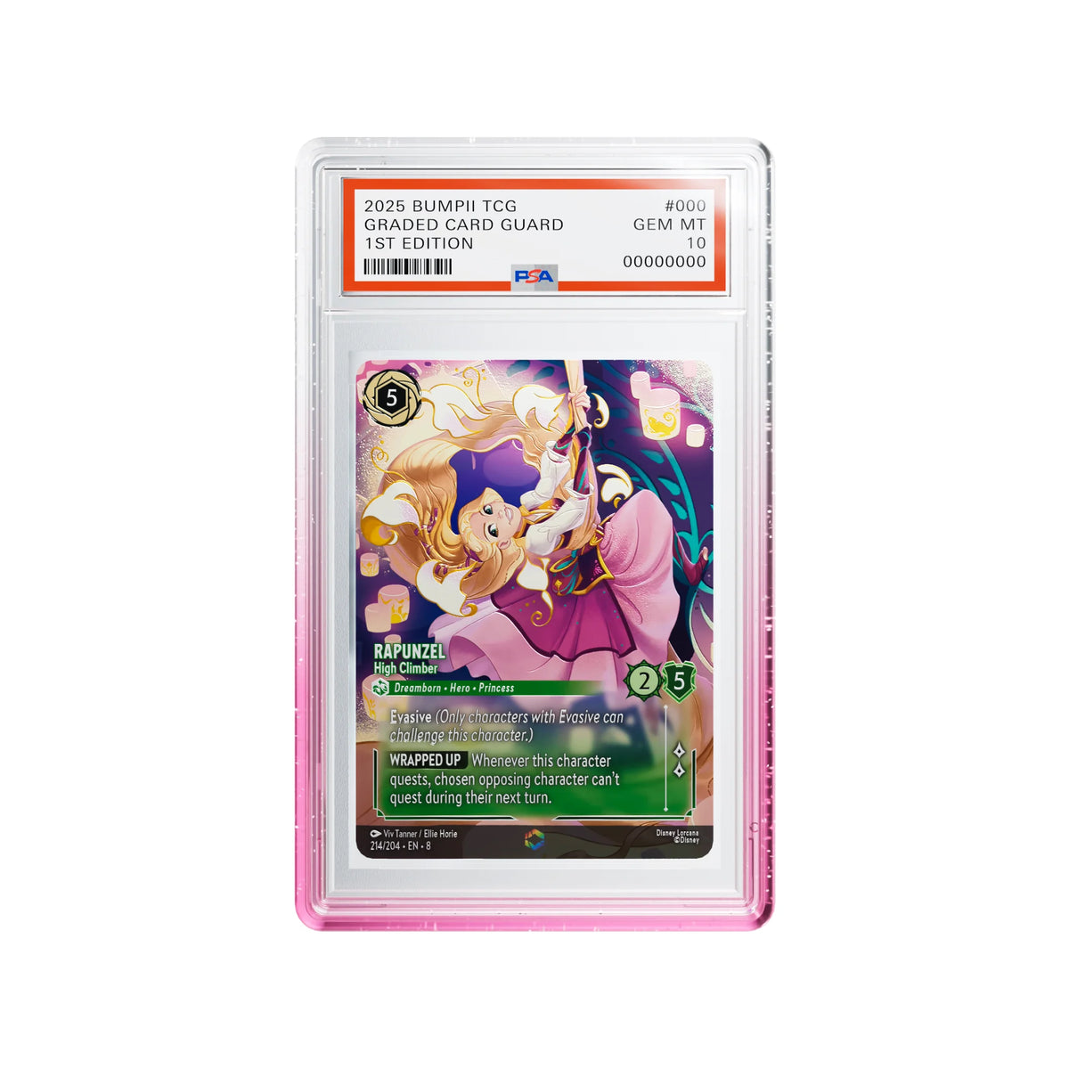 Bumpii Lychee graded card case with pink and clear edges around a Lorcana Rapunzel PSA graded card.