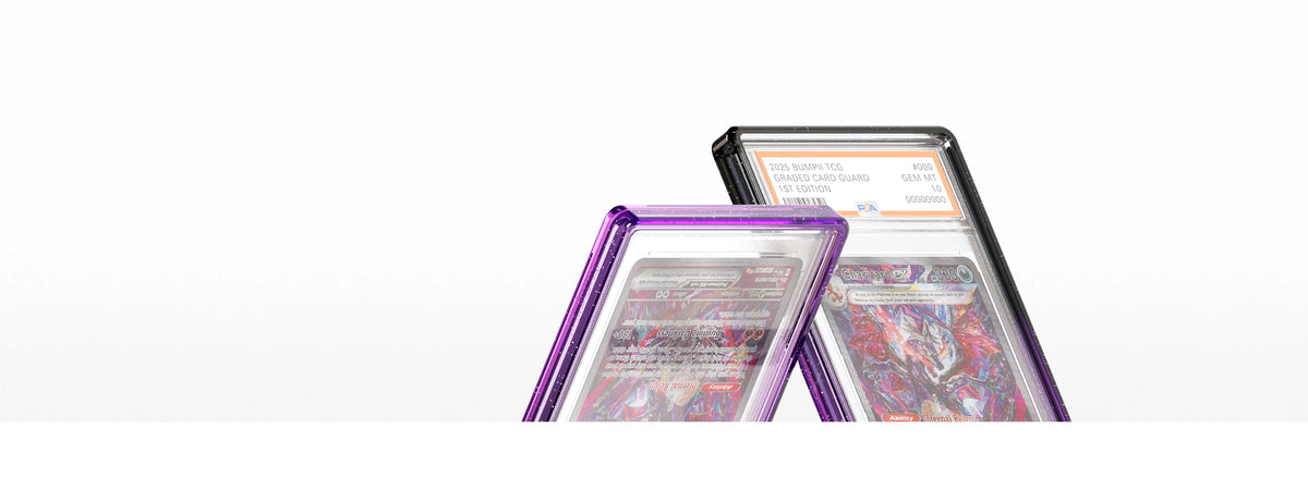 Two Bumpii Phantom slab protectors positioned side by side, highlighting translucent purple and black edges with PSA graded cards.