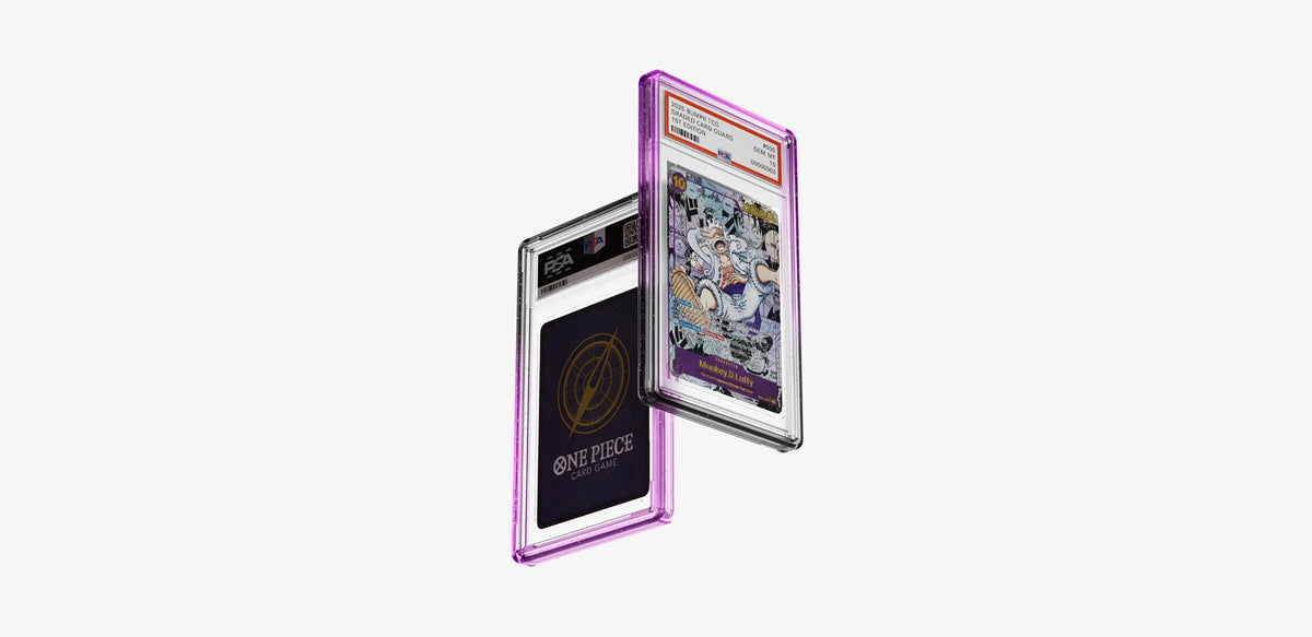 Two Bumpii Phantom slab guards floating at an angle, showing purple and black edges with front and back PSA graded cards.