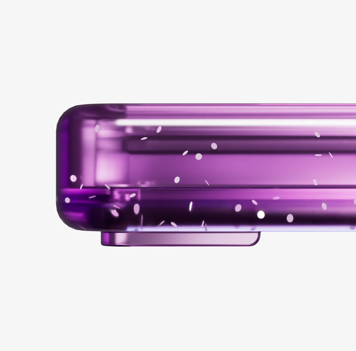 Bumpii Phantom slab protector close-up showing rounded translucent purple and glitter side detail.