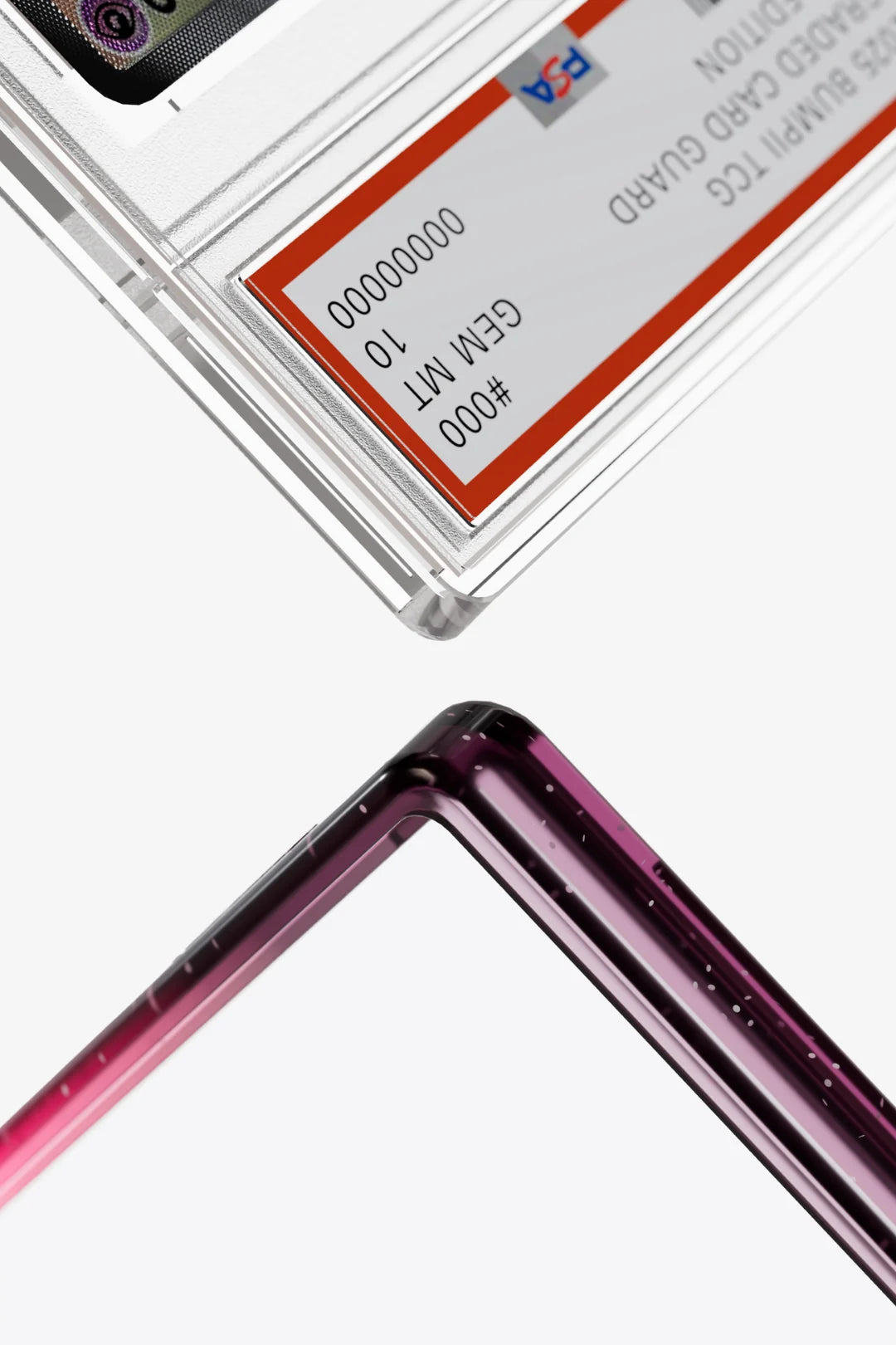 Bumpii Aurora slab protector frame beside a PSA graded card, showing the translucent magenta and orange corner fit.