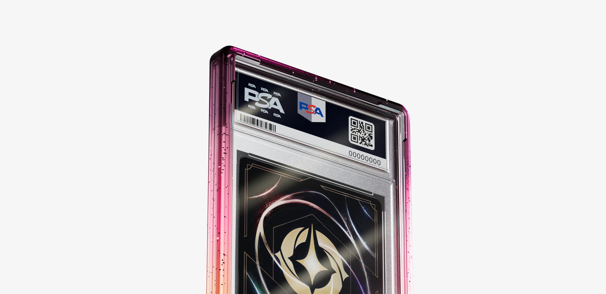 Bumpii Aurora graded card guard close-up showing translucent magenta and orange edges around the back of a PSA graded card.