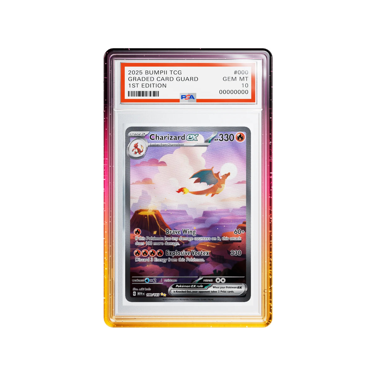 Aurora slab guard with magenta, pink and orange edges around a 151 set Charizard PSA graded card.