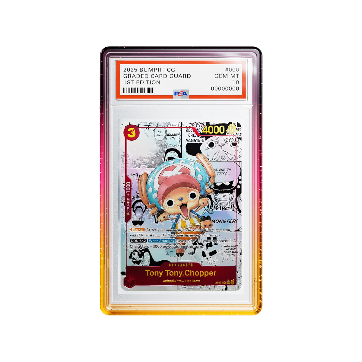 Aurora graded card case with magenta, pink and orange edges around a One Piece Tony Tony Chopper PSA graded card.