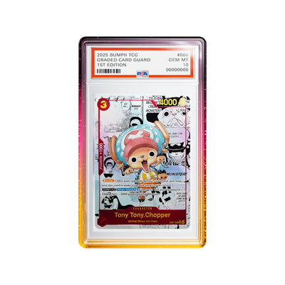 Aurora graded card case with magenta, pink and orange edges around a One Piece Tony Tony Chopper PSA graded card.