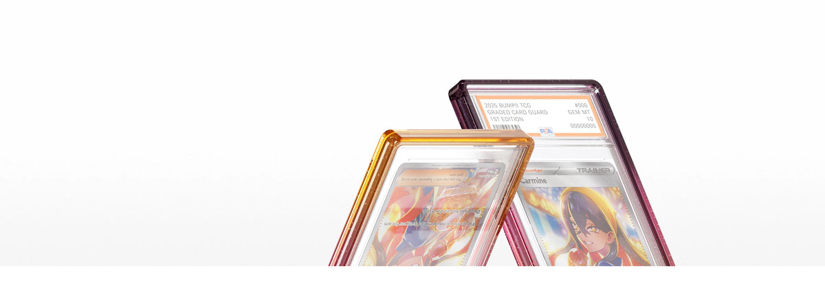 Two Bumpii Aurora slab protectors positioned side by side, highlighting translucent magenta and orange edges with PSA graded cards.