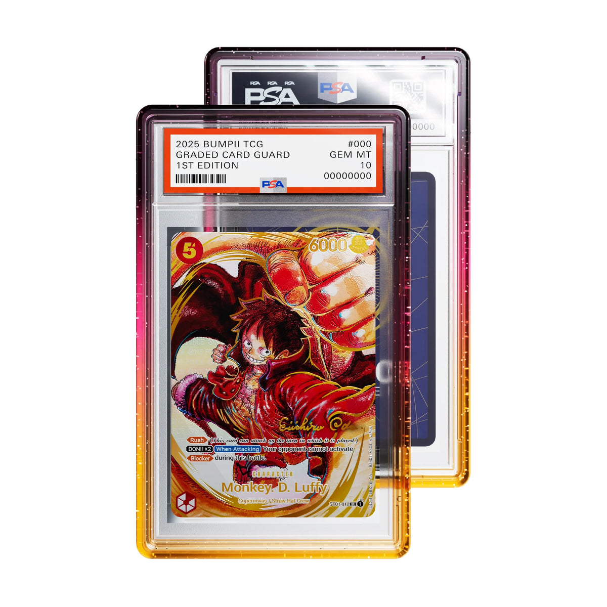 Bumpii Aurora graded card guard with magenta, pink and orange edges holding a One Piece Luffy PSA graded card, with another slab behind.