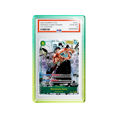 Bumpii Honeydew slab guard with teal and lime edges around a Roronoa Zoro PSA graded card.