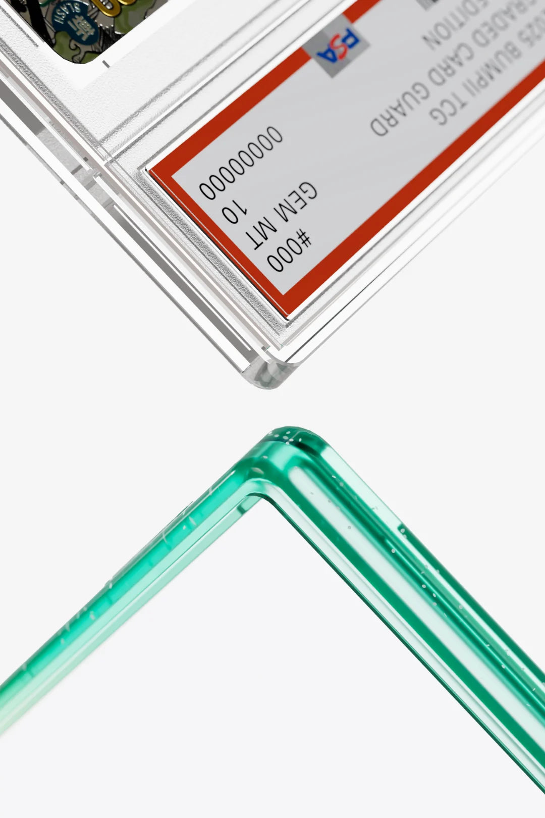 Bumpii Honeydew graded card guard frame beside a PSA graded card, showing the translucent green corner fit.
