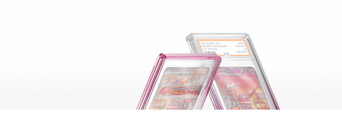 Two Bumpii Lychee slab protectors positioned side by side, highlighting translucent pink and clear edges with PSA graded cards.