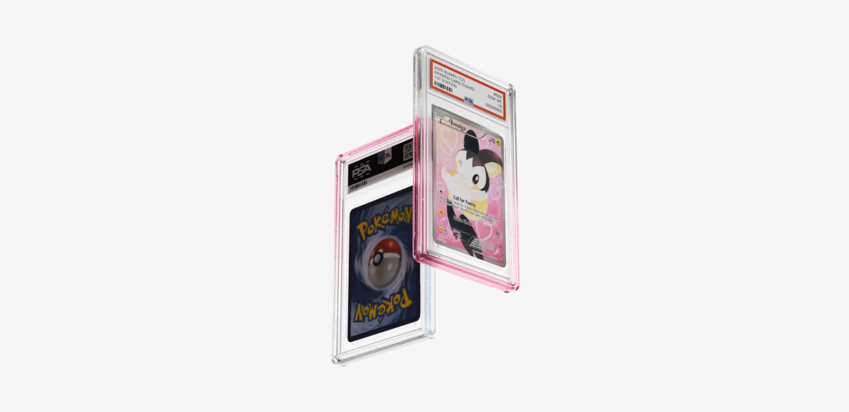 Two Bumpii Lychee slab guards floating at an angle, showing pink and clear edges with front and back PSA graded cards.