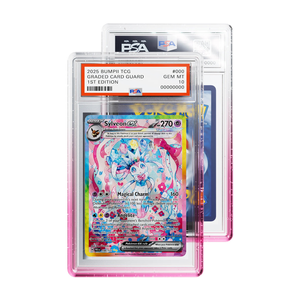 Bumpii Lychee graded card guard with pink and clear edges holding a Prismatic Evolutions Sylveon PSA graded card.
