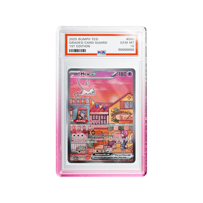 Bumpii Lychee slab guard with pink and clear edges around a Scarlet Violet 151 Mew PSA graded card.