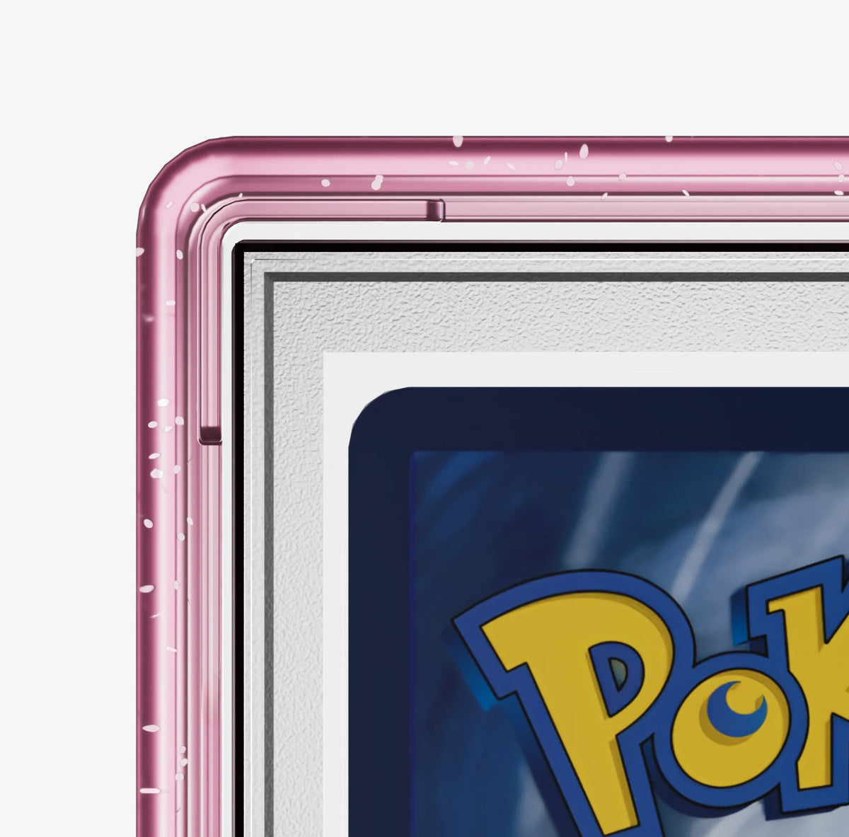 Bumpii Lychee graded card case close-up showing translucent pink corner detail around a PSA graded card.