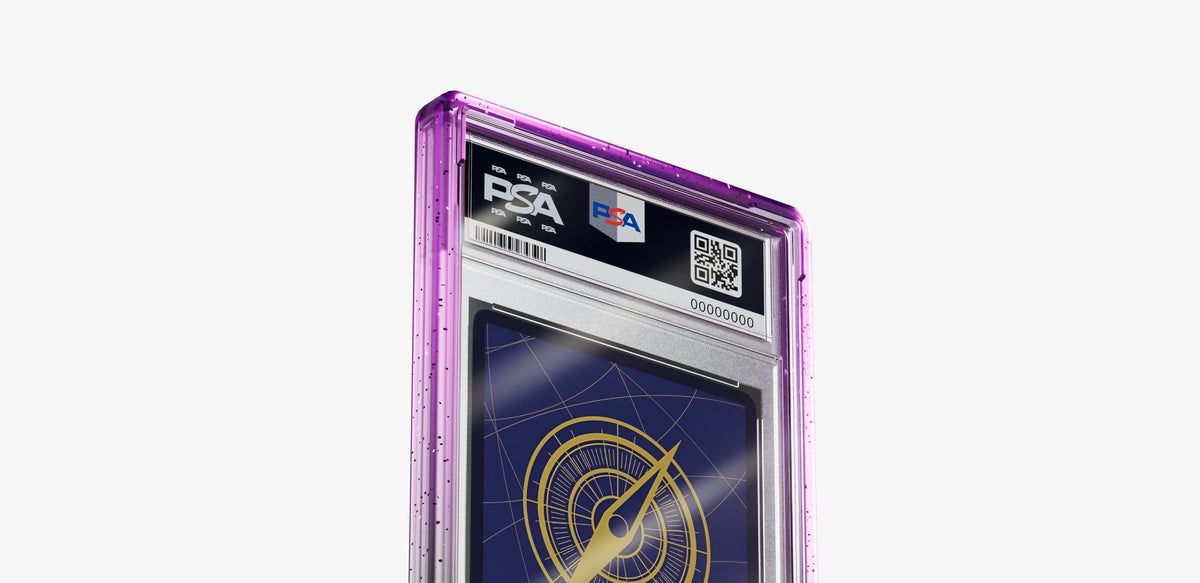 Bumpii Phantom graded card guard close-up showing translucent purple edges around the back of a PSA graded card.