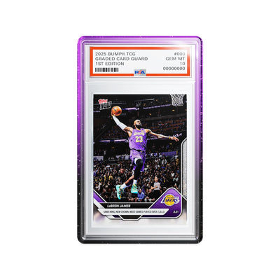 Bumpii Phantom graded card case with purple and black edges around a PSA Lebron James Lakers graded basketball card.