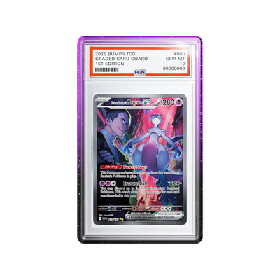 Bumpii Phantom slab protector with purple and black edges around a Team Rocket’s Mewtwo PSA graded card.