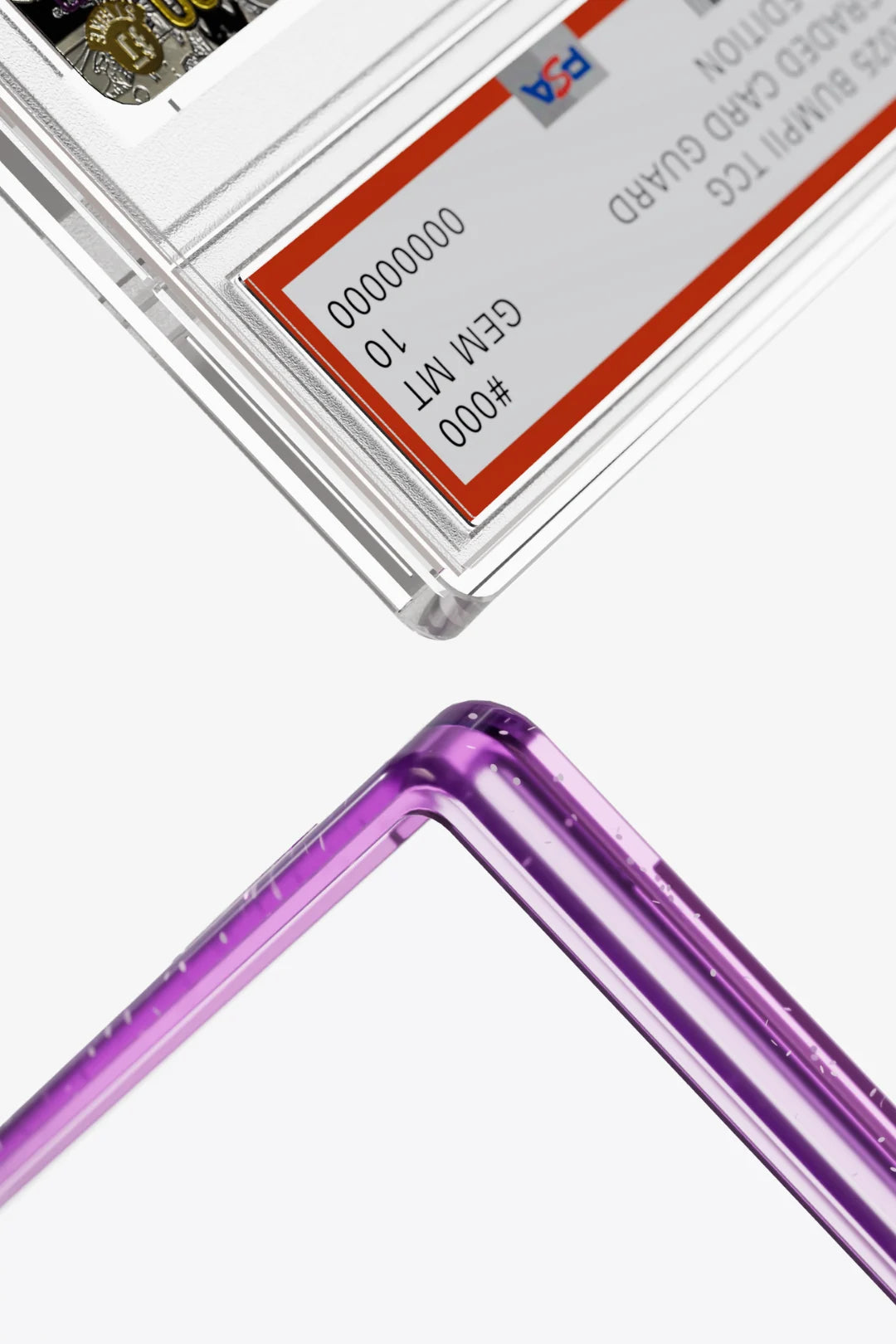 Bumpii Phantom slab protector frame beside a PSA graded card, showing the translucent purple corner fit.