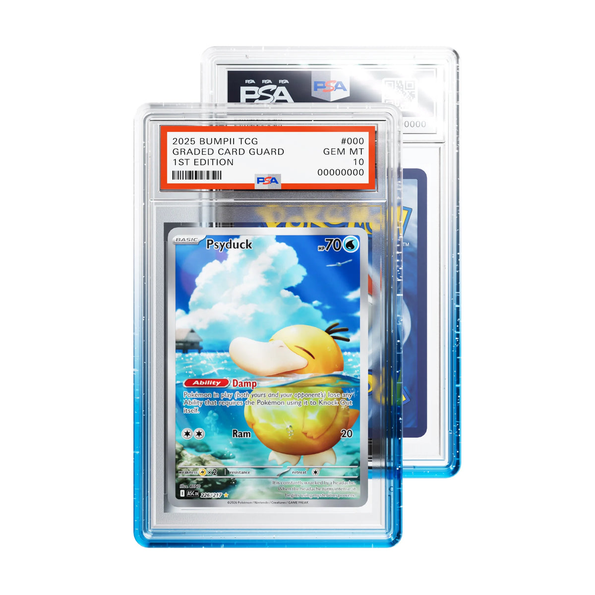 Bumpii Seasalt graded card guard with blue and clear edges holding a Ascended Heroes Psyduck PSA graded card, with another PSA slab behind.