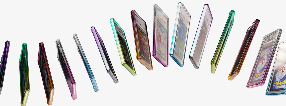 Multiple Bumpii graded card guards in translucent colourways floating diagonally, showing the colour range with PSA cards.
