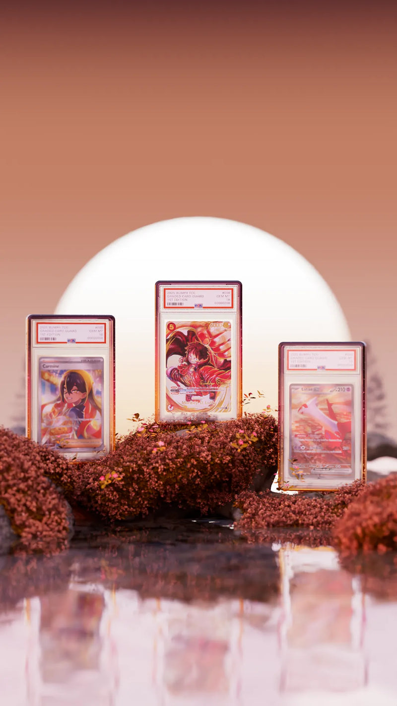Bumpii Aurora graded card guard floats in a sunset scene, showing PSA card fit, clear front panel and coloured edge protection.
