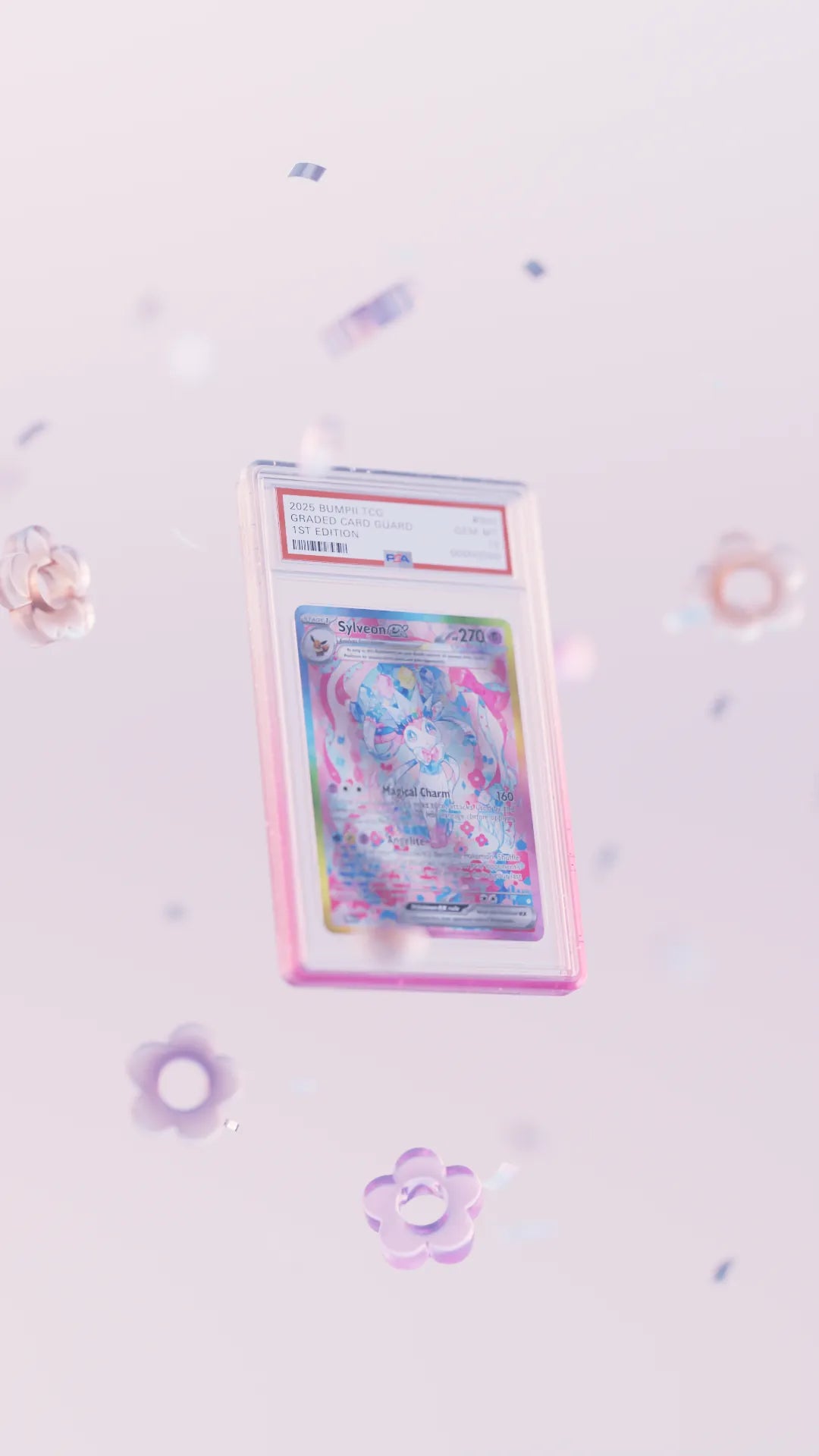 Load video: Bumpii Lychee slab protector floats through a soft pink scene, highlighting its clear pink frame around a PSA graded card.