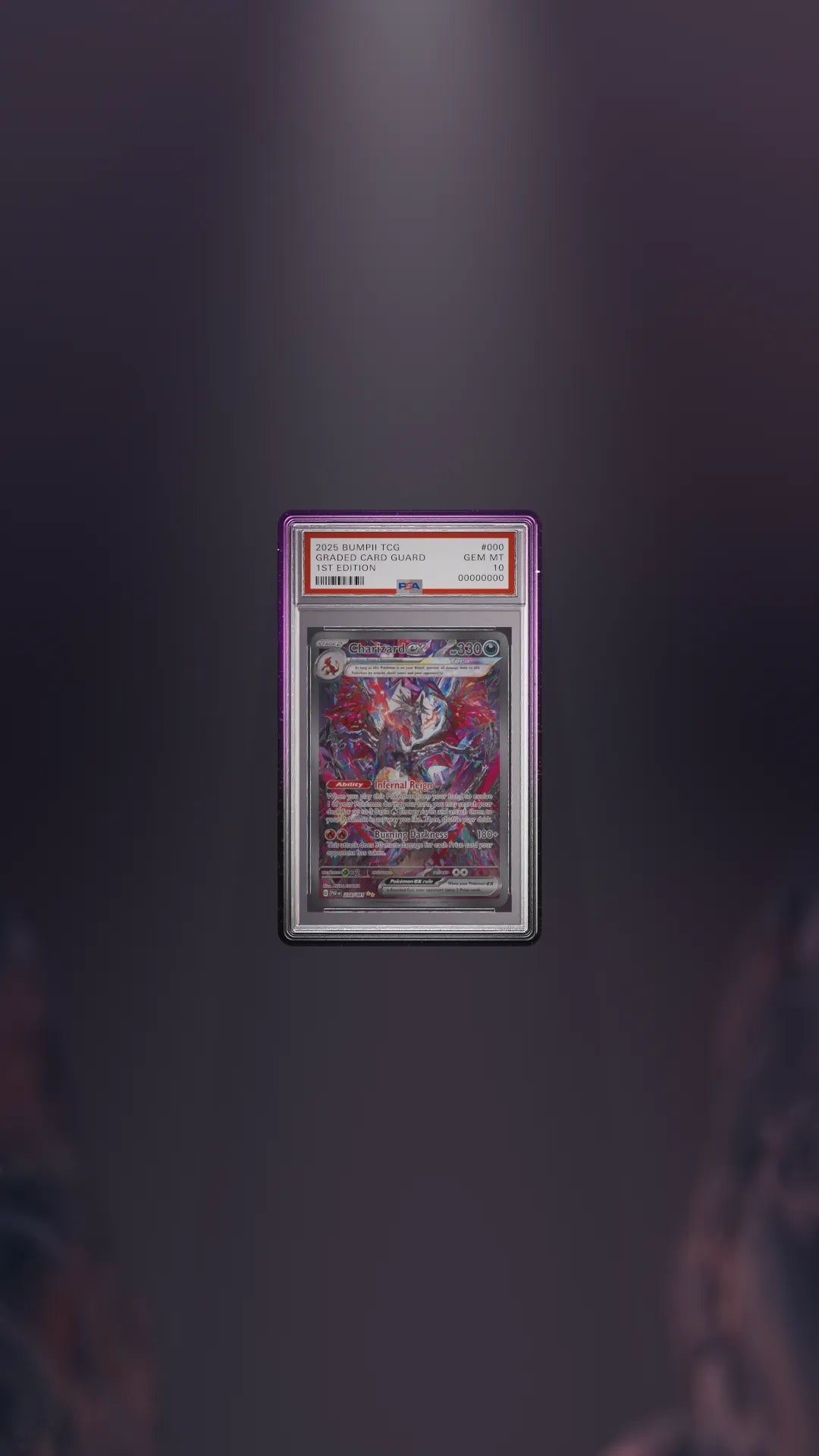 Load video: Bumpii Phantom slab protector floating in a dark purple scene, showing black and purple edges, PSA card fit and close-up frame details.
